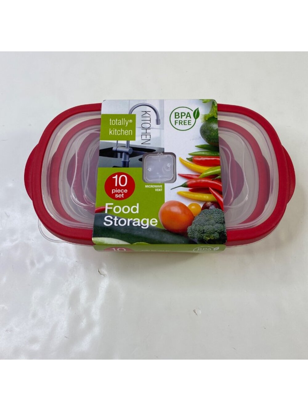 Totally Kitchen 10-Piece Food Storage Red Lids Microwave Freezer Dishwasher Safe